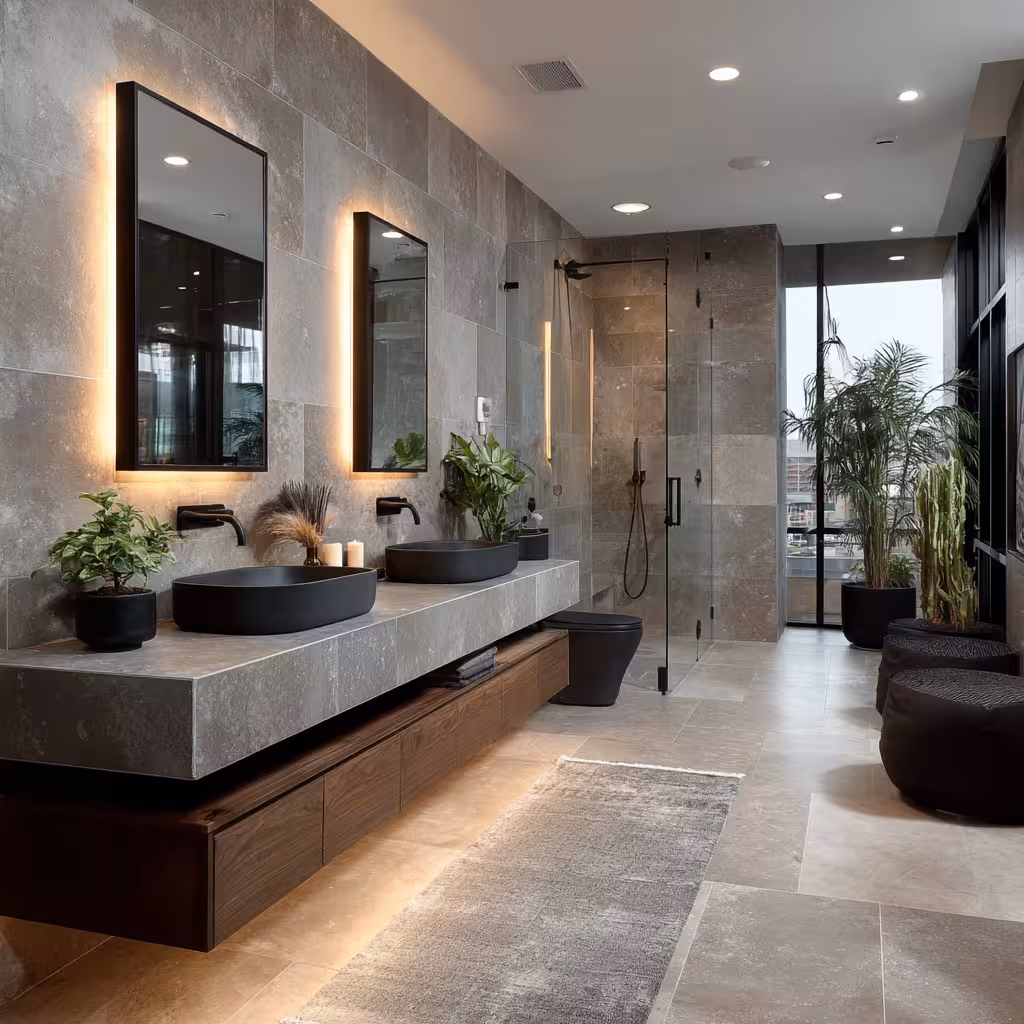 Freestanding tub with a decorative tile accent wall.