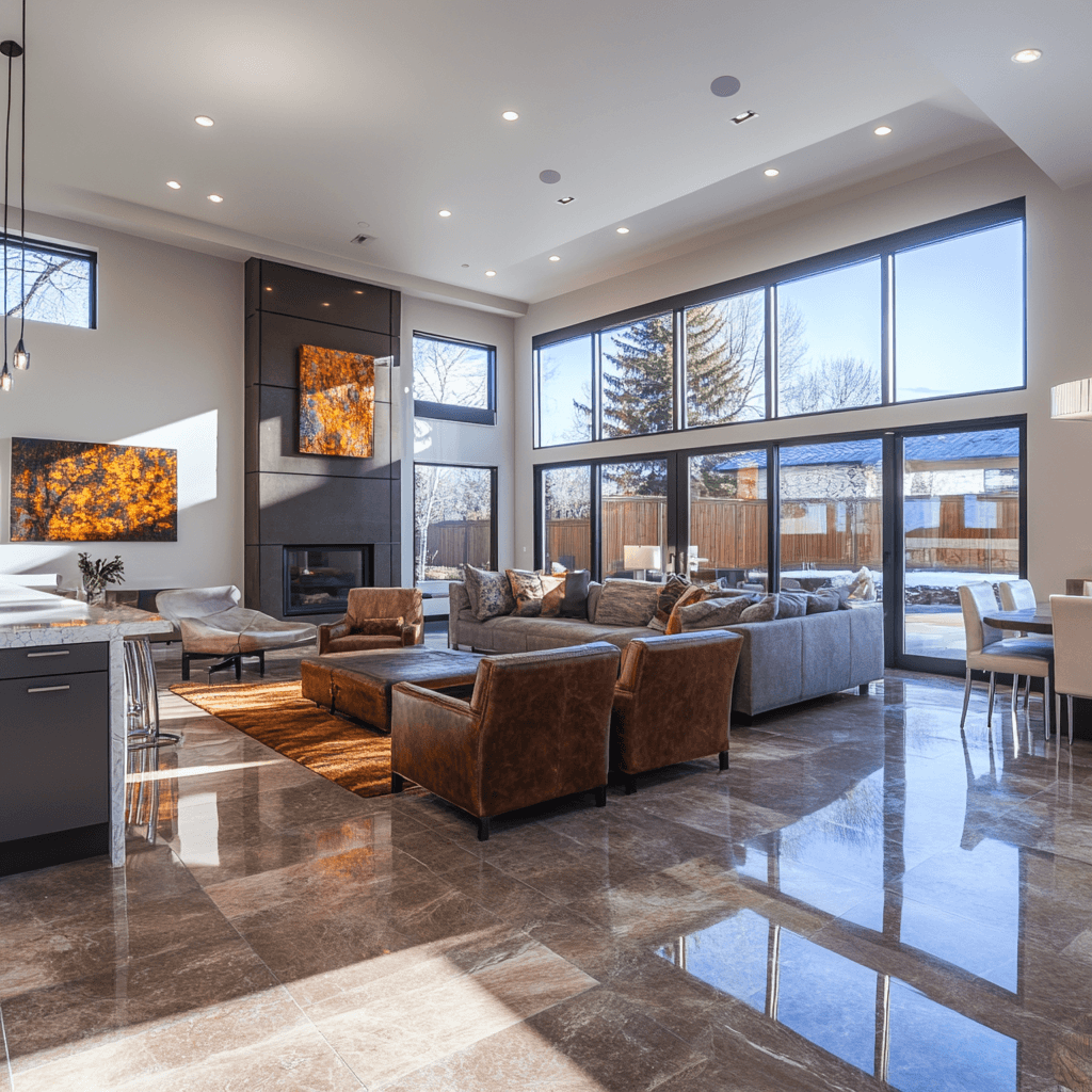 Modern living room with polished stone tile flooring in Denver featuring large windows and fireplace