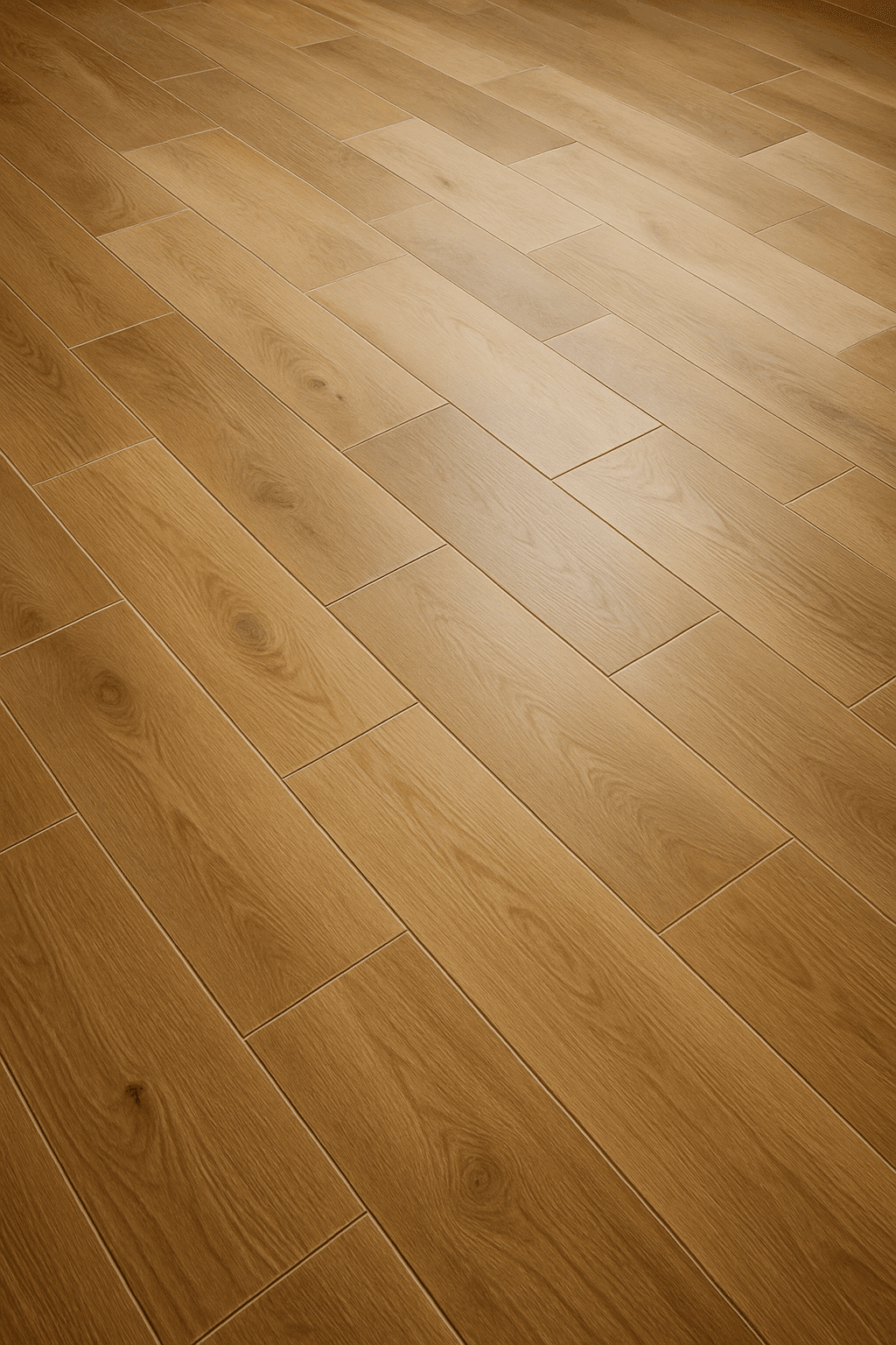 Warm honey oak wood-look porcelain tile flooring in Highlands Denver home