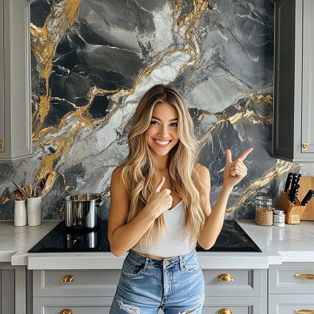 Marble herringbone backsplash