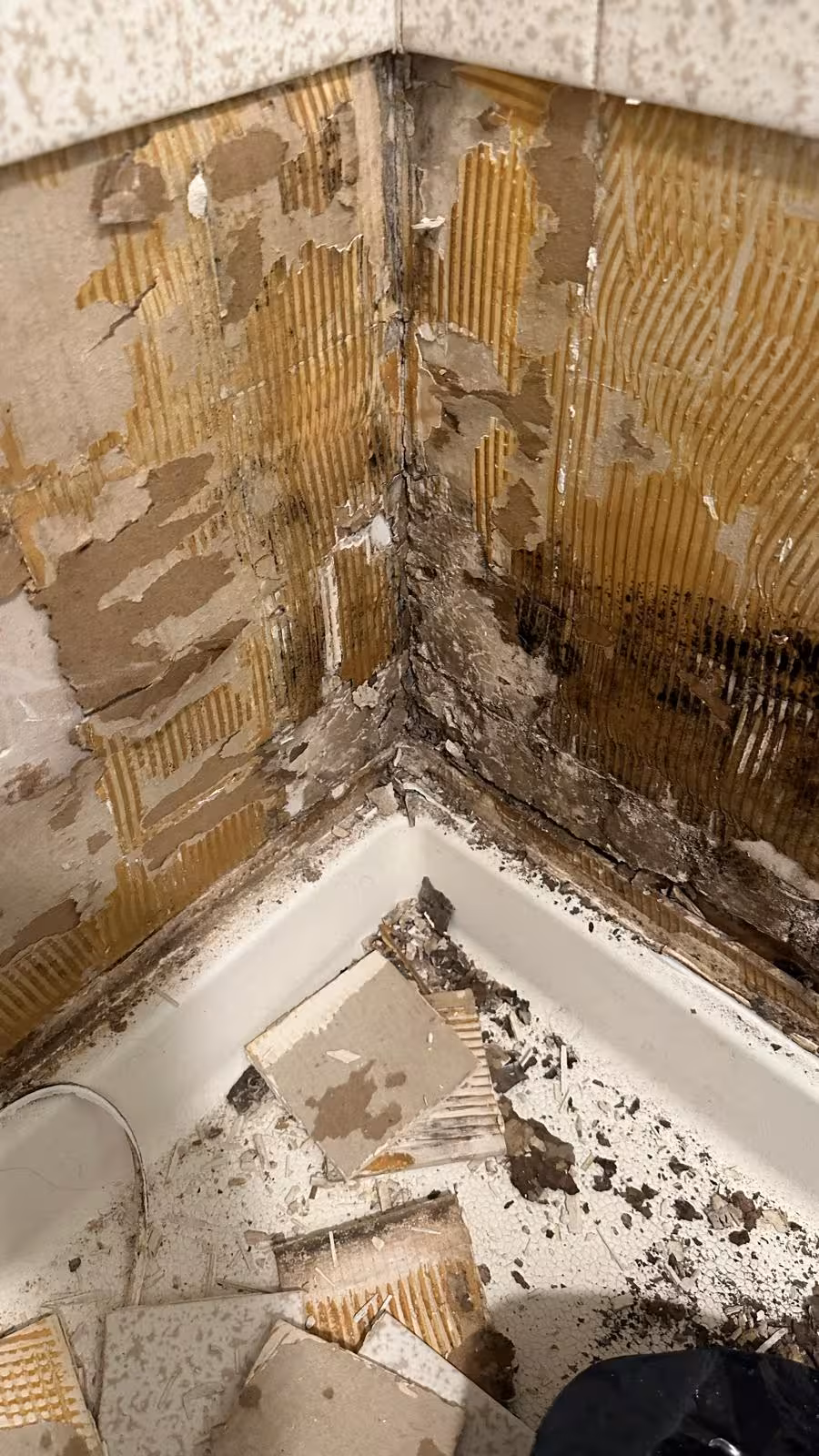 Corner shower demolition showing severe moisture damage and failing tile in Arvada CO