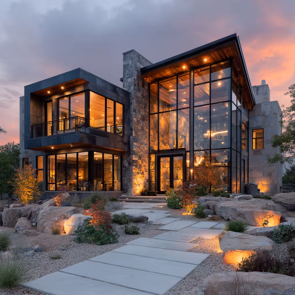Modern home in Aurora Colorado featuring large aluminum windows with mountain views and contemporary architecture