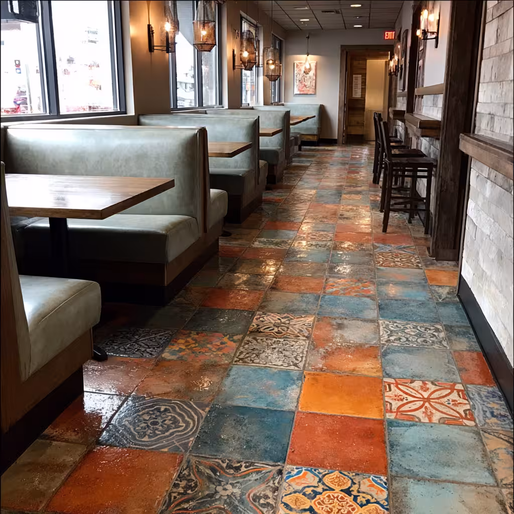 A completed restaurant floor with durable and decorative tile in Highlands Ranch.