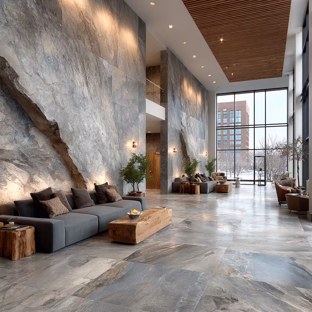 Lobby of a modern commercial building in Denver with large format porcelain tile flooring installed by South Denver Tile Experts.