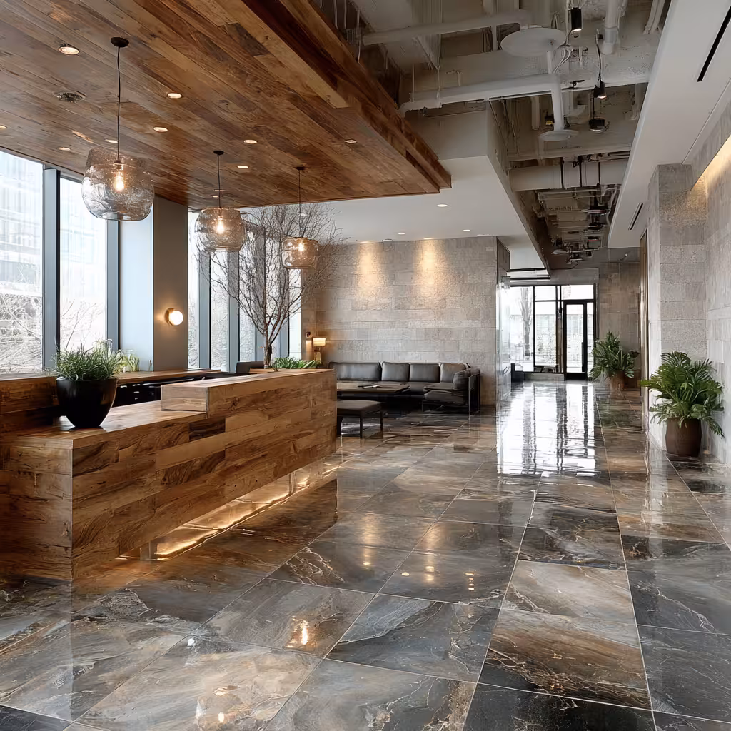 Sleek, professional tile in an office reception area in the Denver Tech Center.