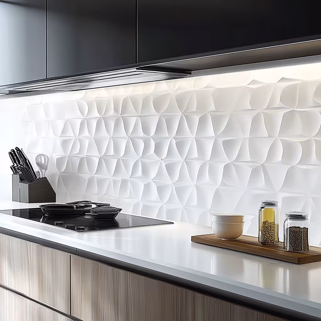 Modern kitchen with a textured 3D tile backsplash.