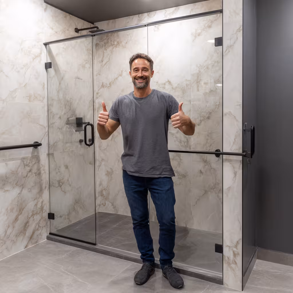 Fully remodeled shower with new tiles, niche, and fixtures.