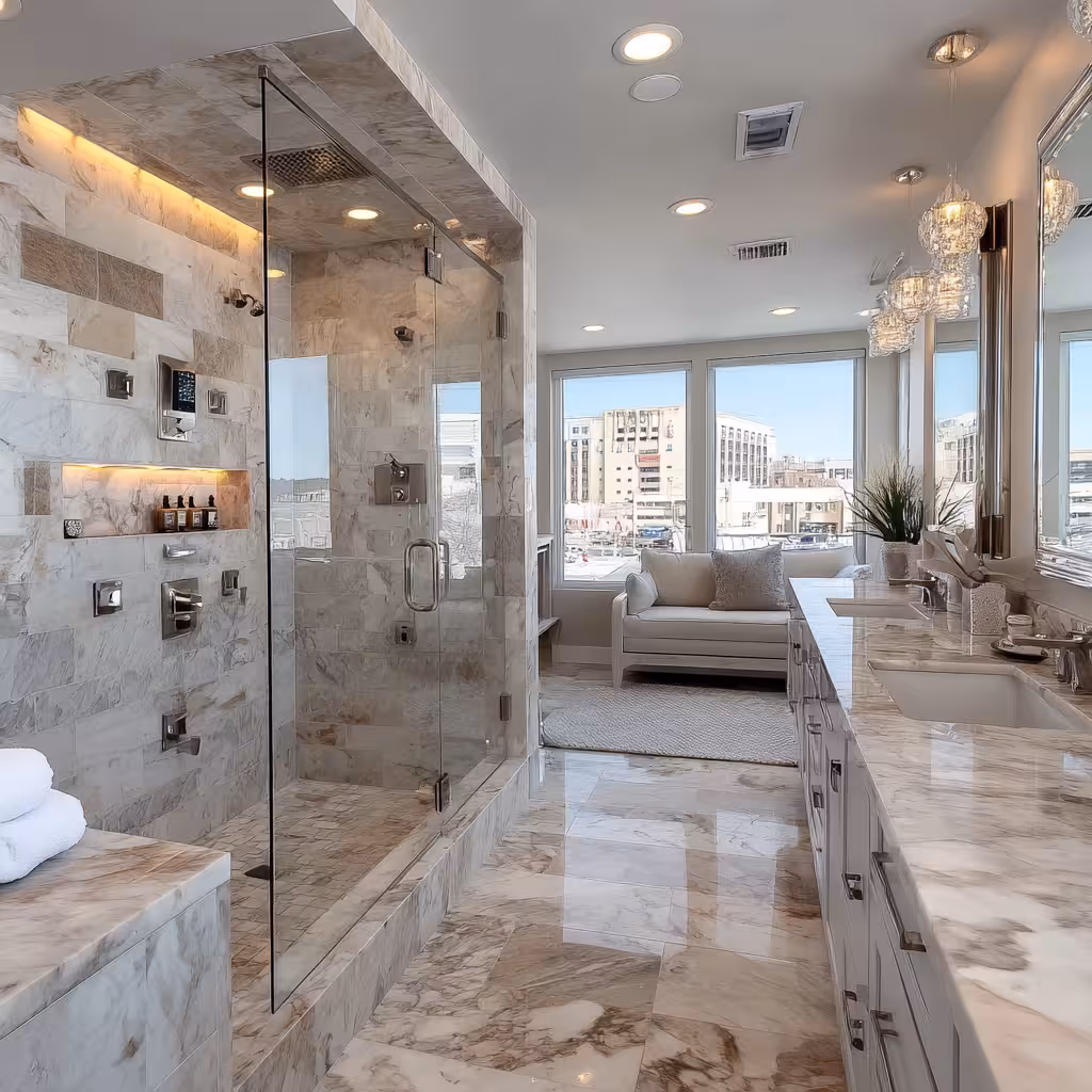Grand master bathroom shower with custom tile and high-end fixtures in Castle Pines.