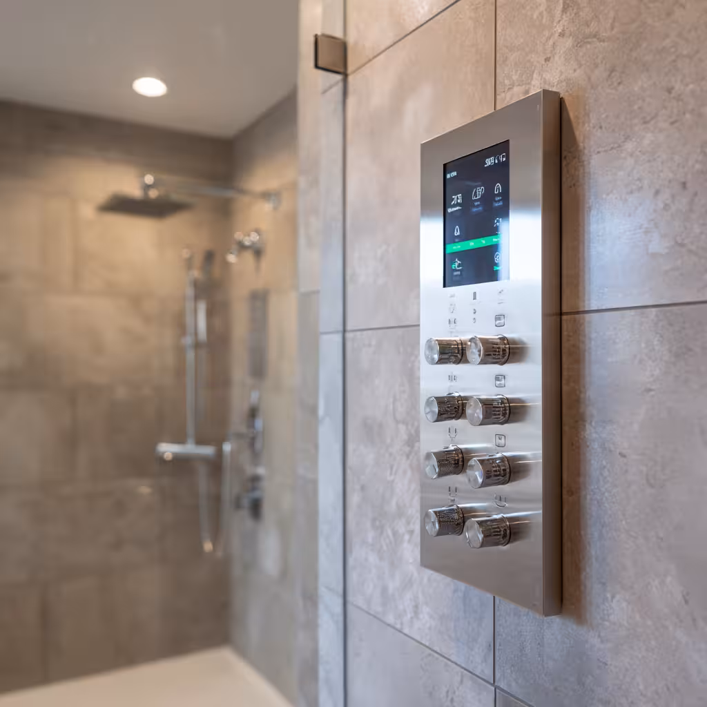 Walk-in shower with integrated digital control panel in Highlands Ranch.