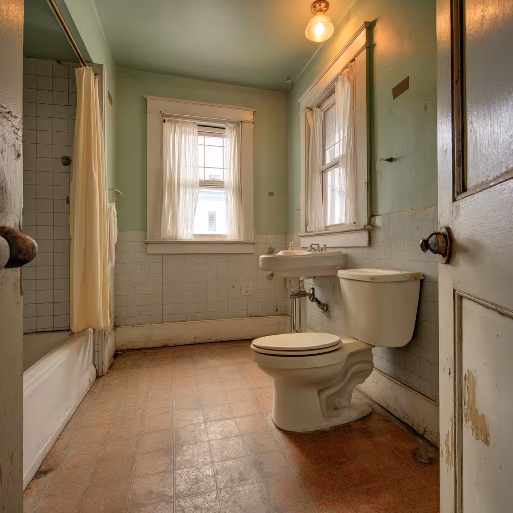 Historic craftsman bungalow bathroom before tile renovation in Washington Park Denver showing original condition