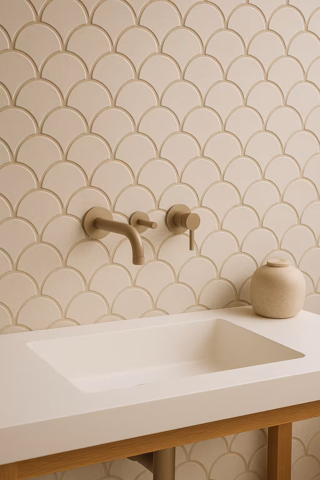 Art Deco inspired fish scale scallop tiles in a Parker, CO bathroom.