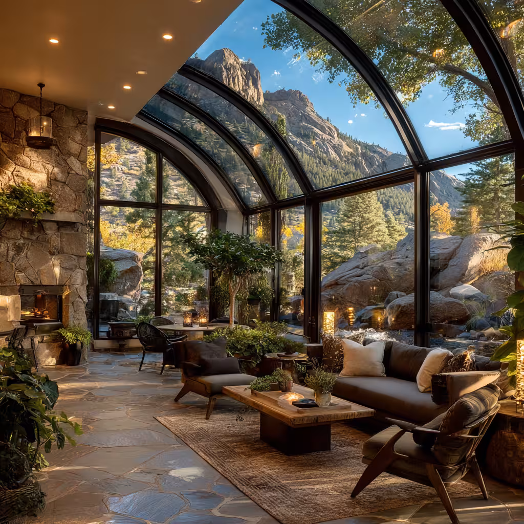 Custom curved aluminum windows in Colorado sunroom featuring panoramic glass walls and mountain landscape views