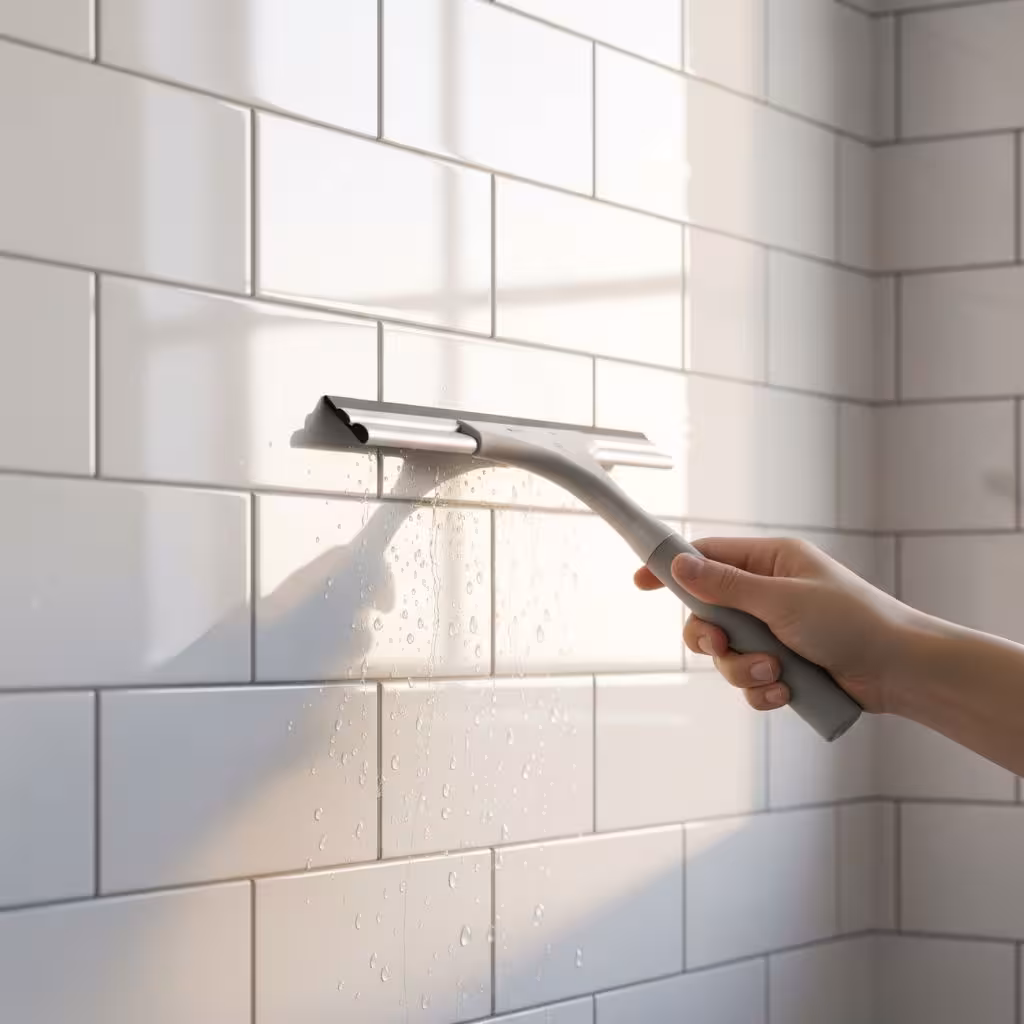 Person squeegeeing shower tiles in a Parker, CO bathroom for daily maintenance.