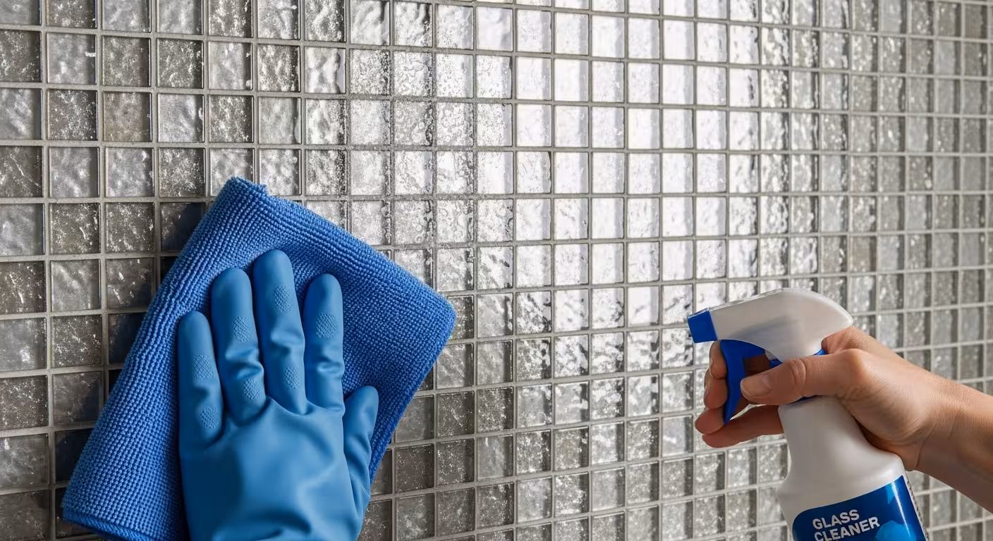 Cleaning glass mosaic tiles with microfiber cloth in Parker, CO.