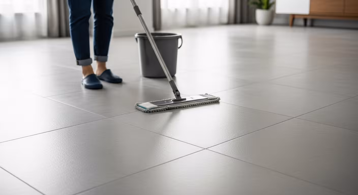 Person mopping a tile floor in a Parker, CO home with microfiber mop.