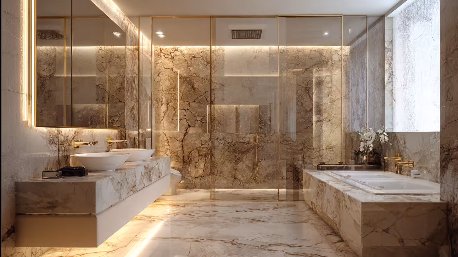 Elegant bathroom featuring luxurious natural stone marble tiles on walls and floor.