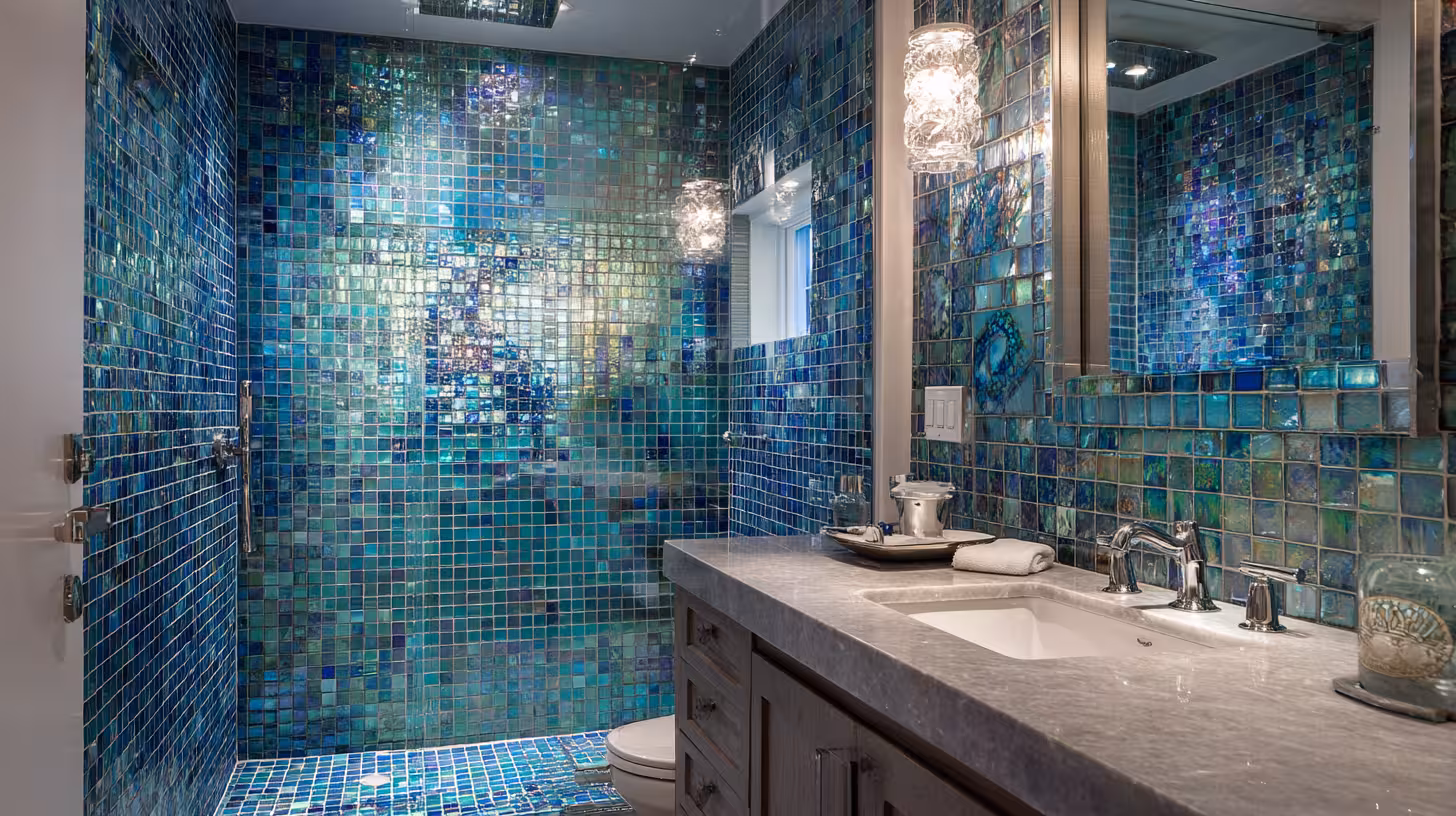 Close-up of a vibrant glass mosaic tile accent wall in a modern shower.