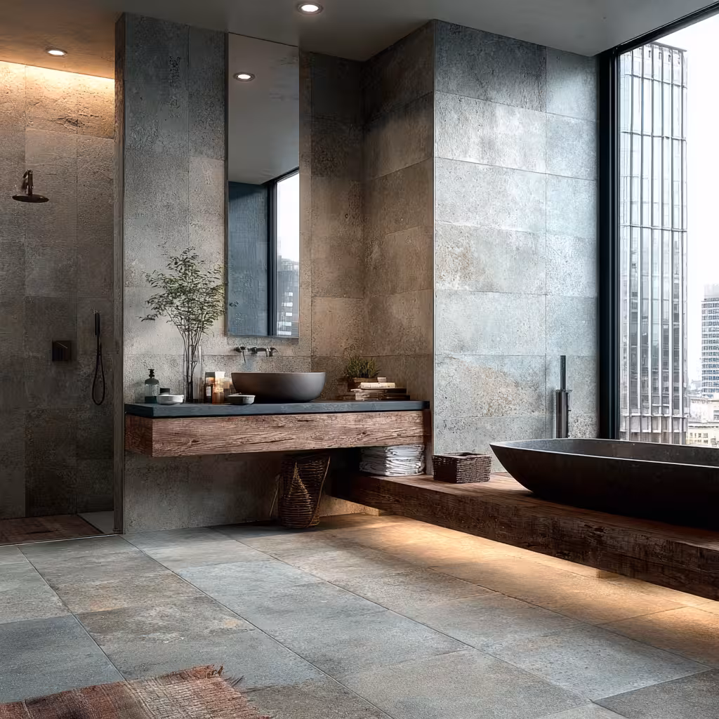 Bathroom vanity with a custom tile backsplash.