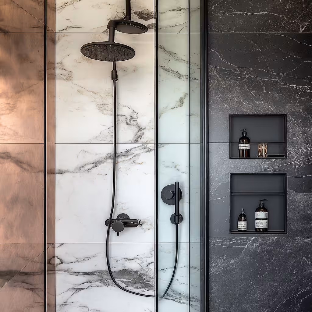 Custom walk-in shower with floor-to-ceiling porcelain tiles.