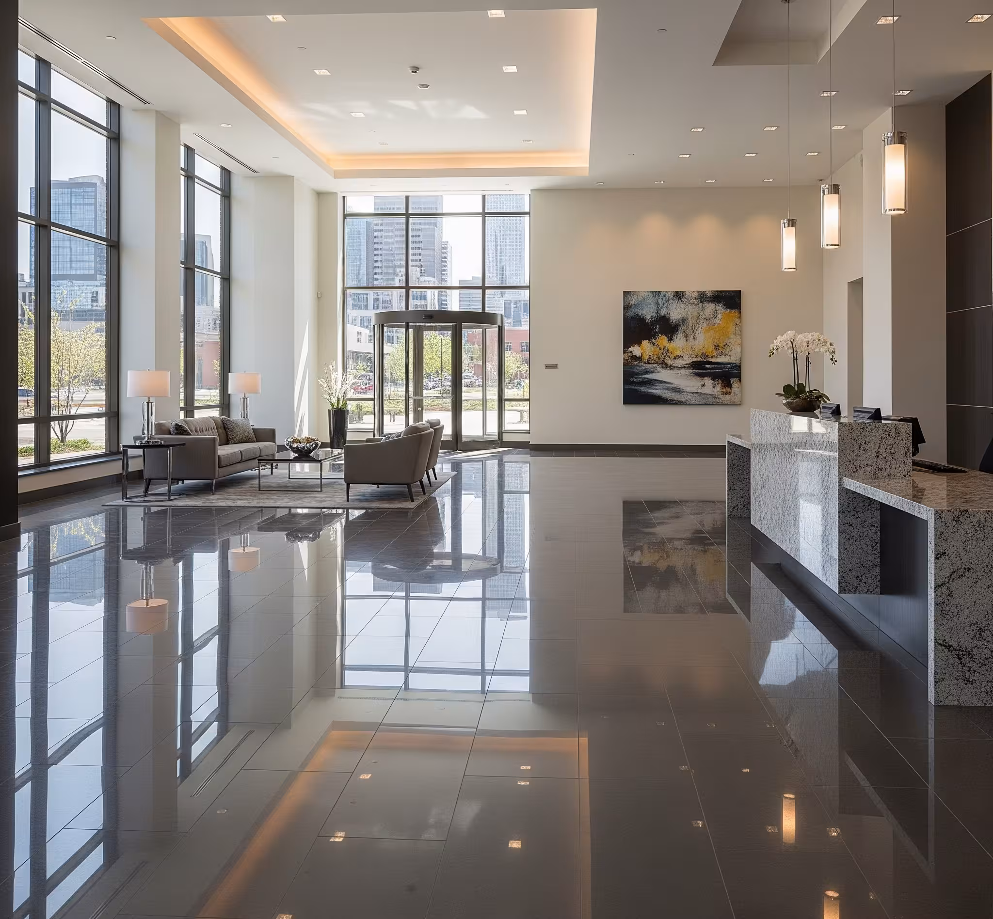 A completed commercial lobby with polished large format tiles in Denver, CO.