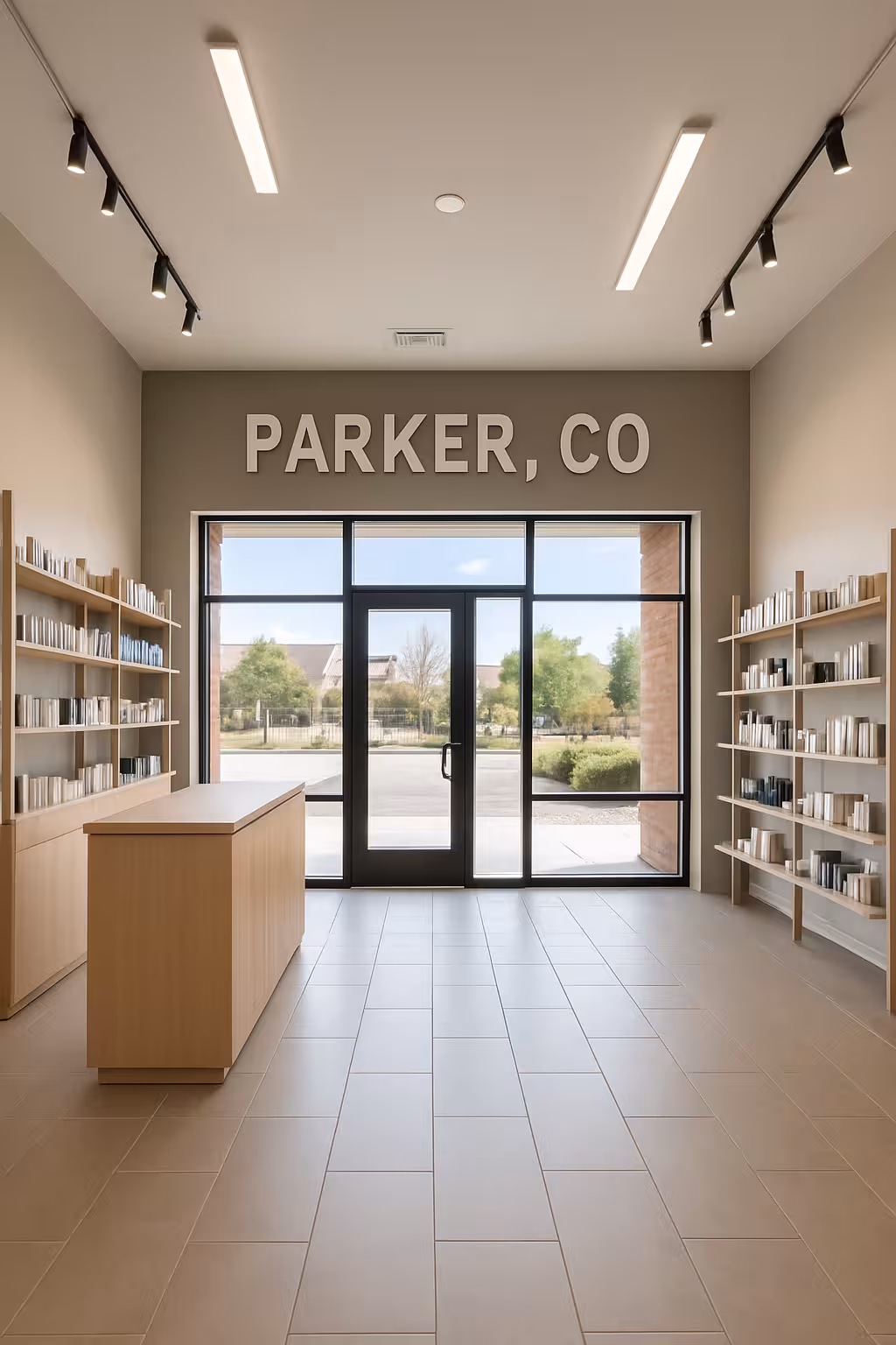 A completed retail space with clean, modern tile flooring in Parker, CO.