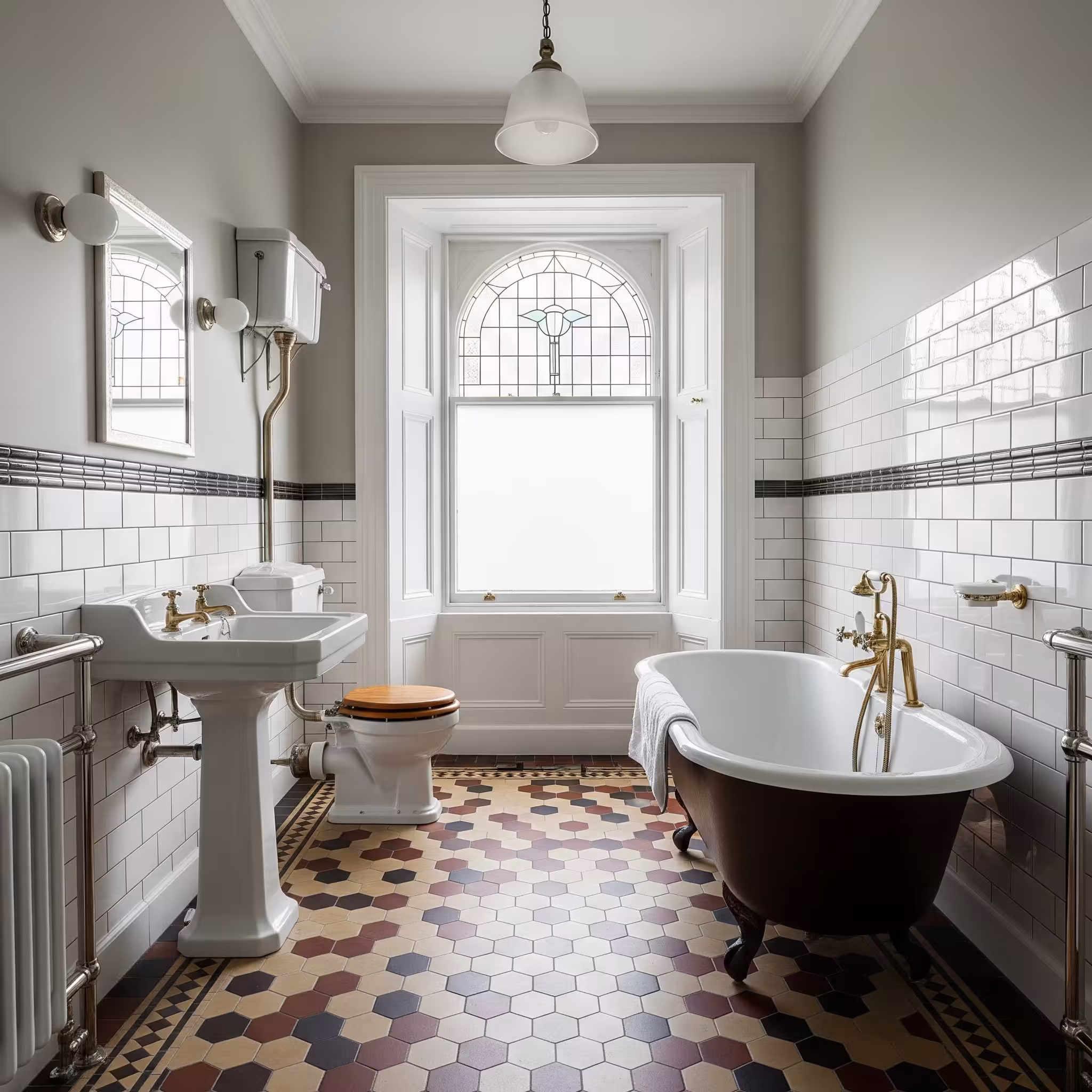 Historic Victorian bathroom renovation in Denver Highlands featuring white subway tile, hexagonal floor pattern, and period-appropriate fixtures