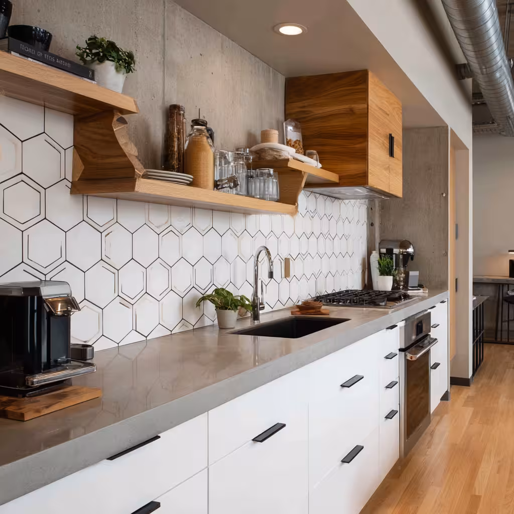 Modern geometric hexagonal tile backsplash in Denver Highlands kitchen with white cabinets, quartz countertops, and industrial design elements