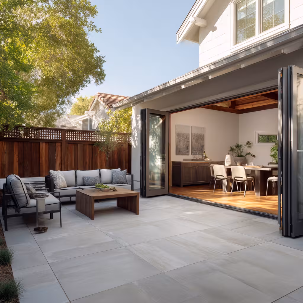 Modern outdoor patio tile installation in Denver Highlands with large format porcelain tiles, seamless indoor-outdoor transition, and contemporary furniture