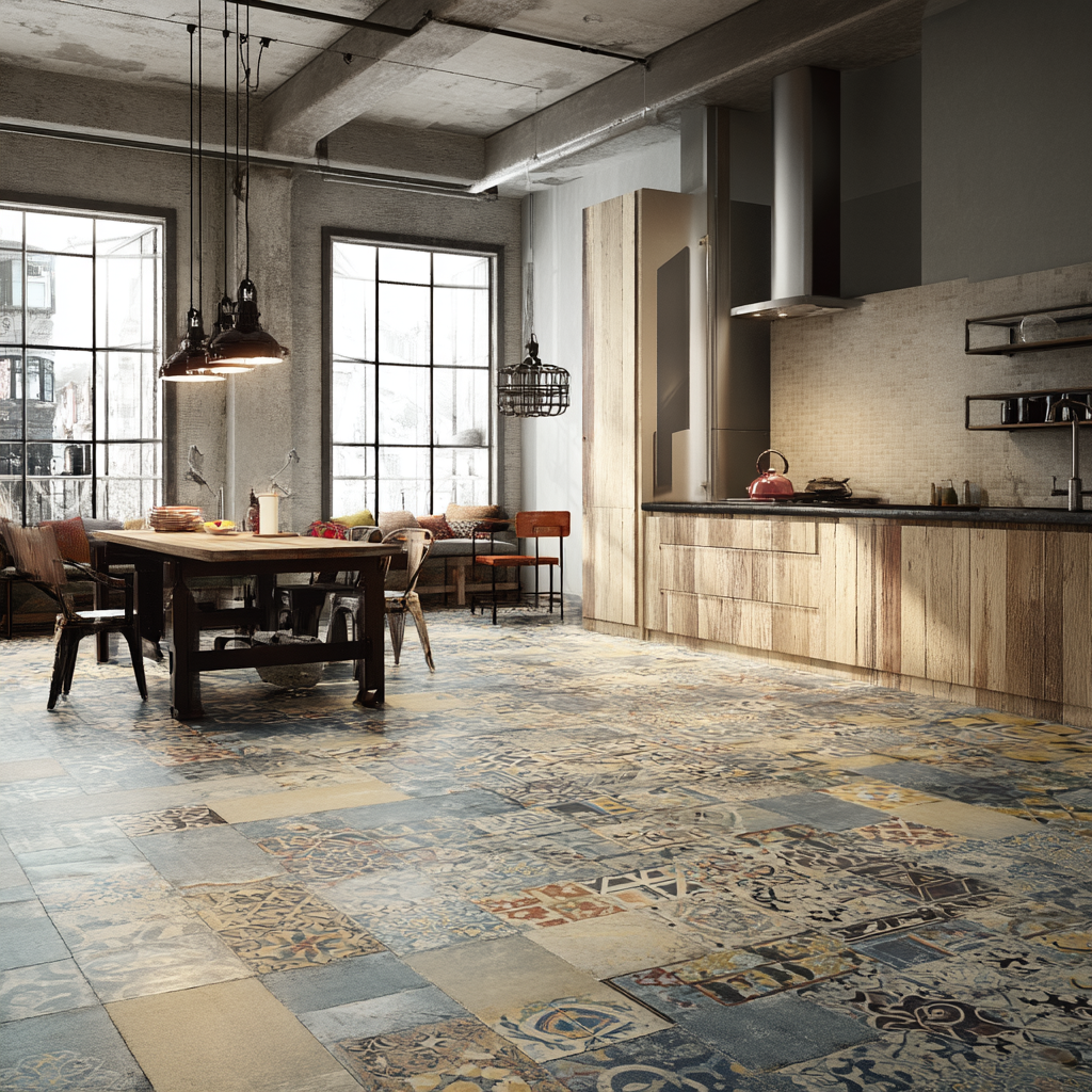 Industrial loft kitchen with decorative patterned tile flooring in Denver