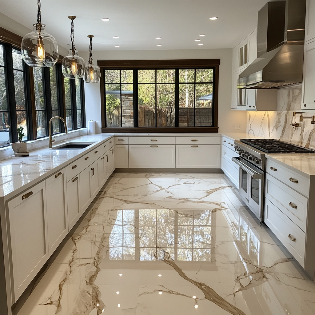 Modern white kitchen with marble-look tile flooring in Denver featuring dramatic veining