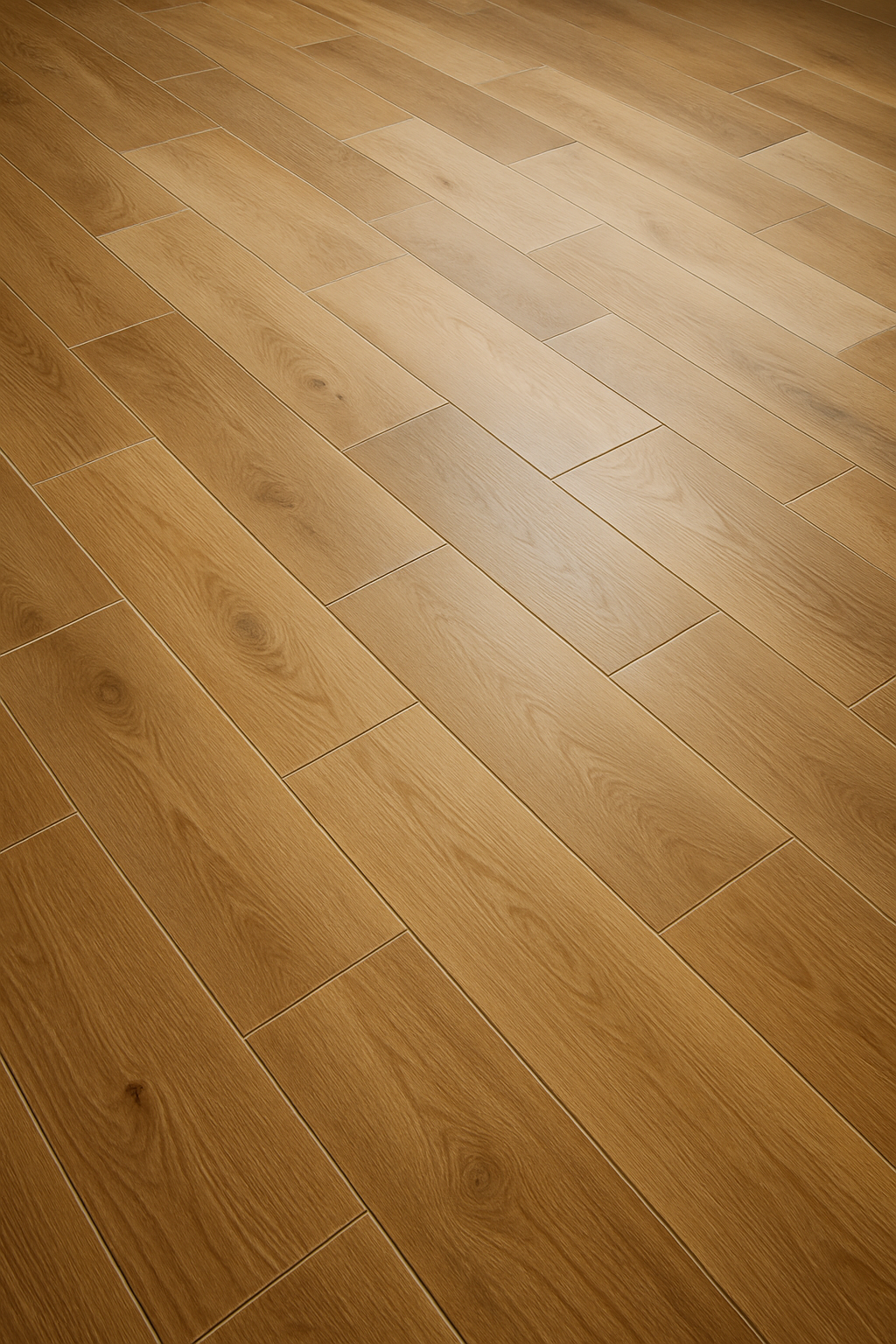 Warm honey oak wood-look porcelain tile flooring in Highlands Denver home