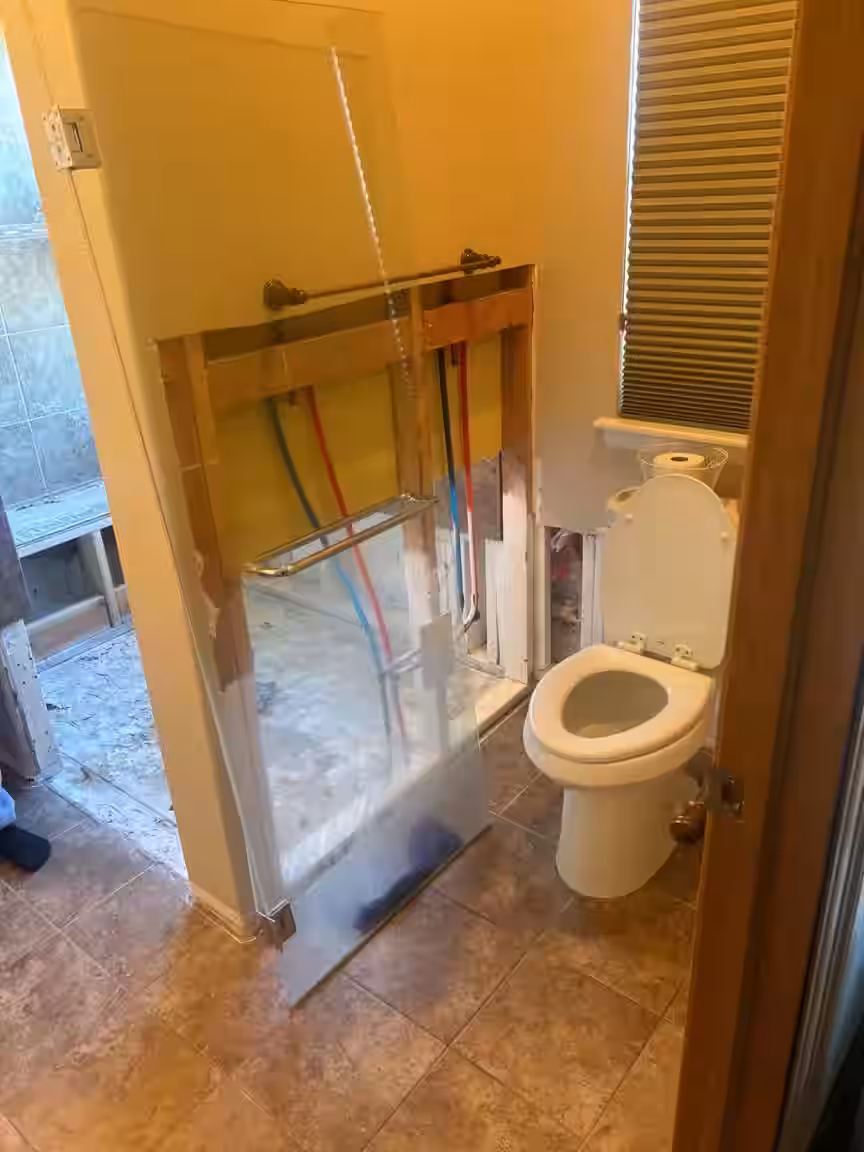 Complete bathroom demolition revealing exposed plumbing and water damage extent