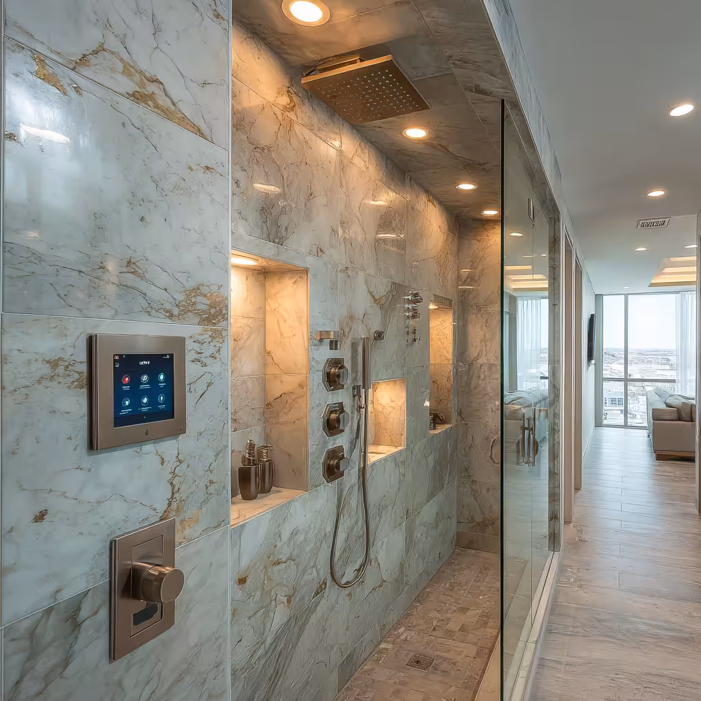 High-tech digital shower system control panel in a Lone Tree bathroom.