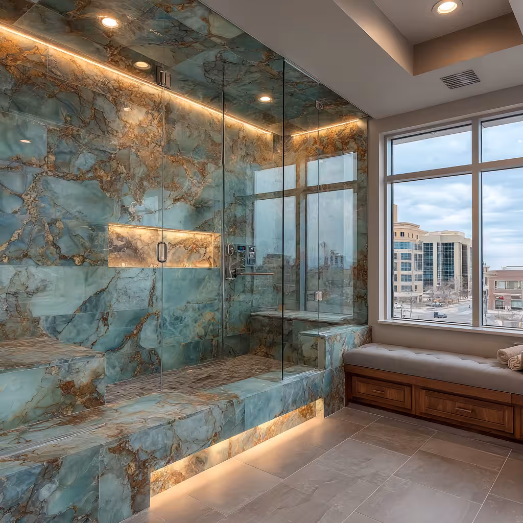Grand master bathroom shower with custom tile and high-end fixtures in Lone Tree.