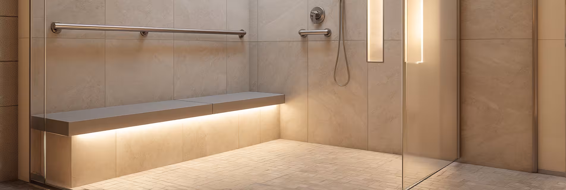 Modern accessible shower with curbless entry, built-in bench with LED lighting, and safety grab bars in Denver