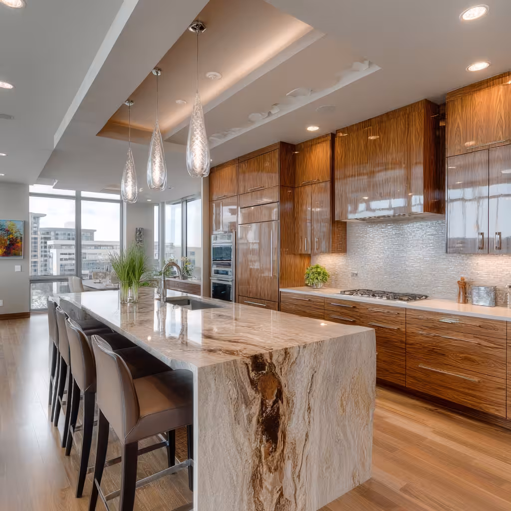 Sleek designer kitchen backsplash in a luxury Cherry Creek condominium, showcasing modern tile work.
