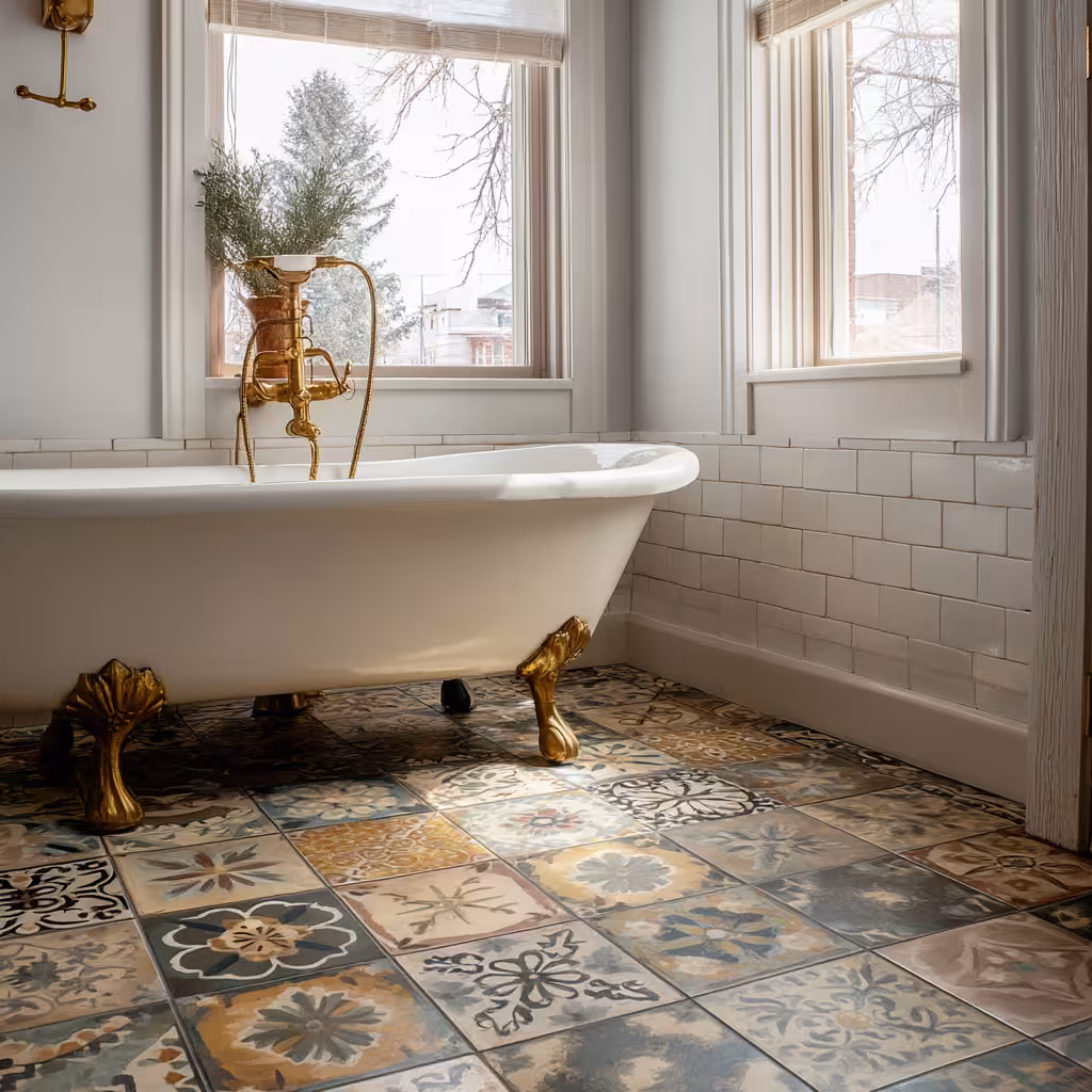Colorful encaustic cement tile floor in a historic Denver Highlands home.