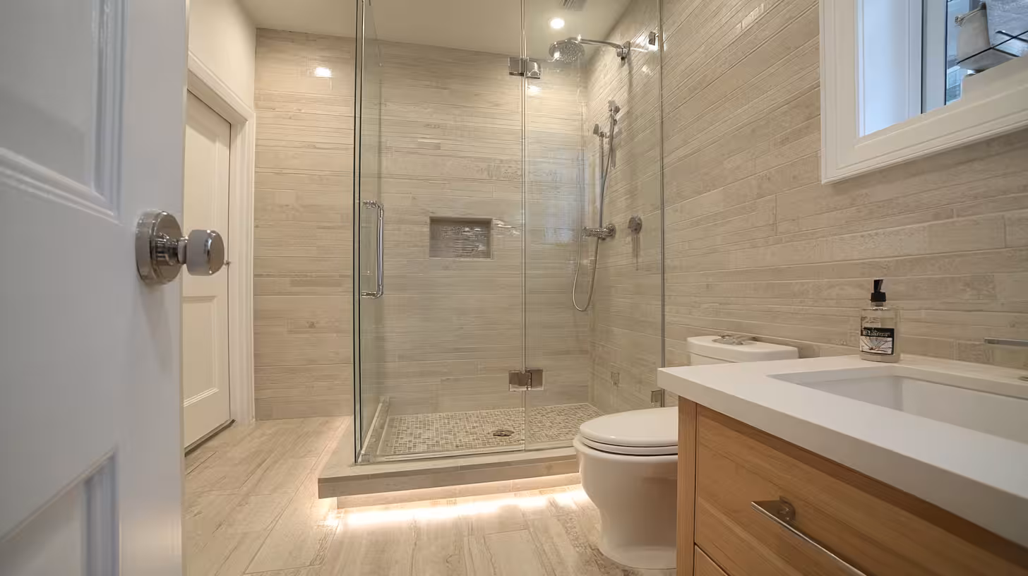 Newly installed modern bathroom tiles in an Englewood home.